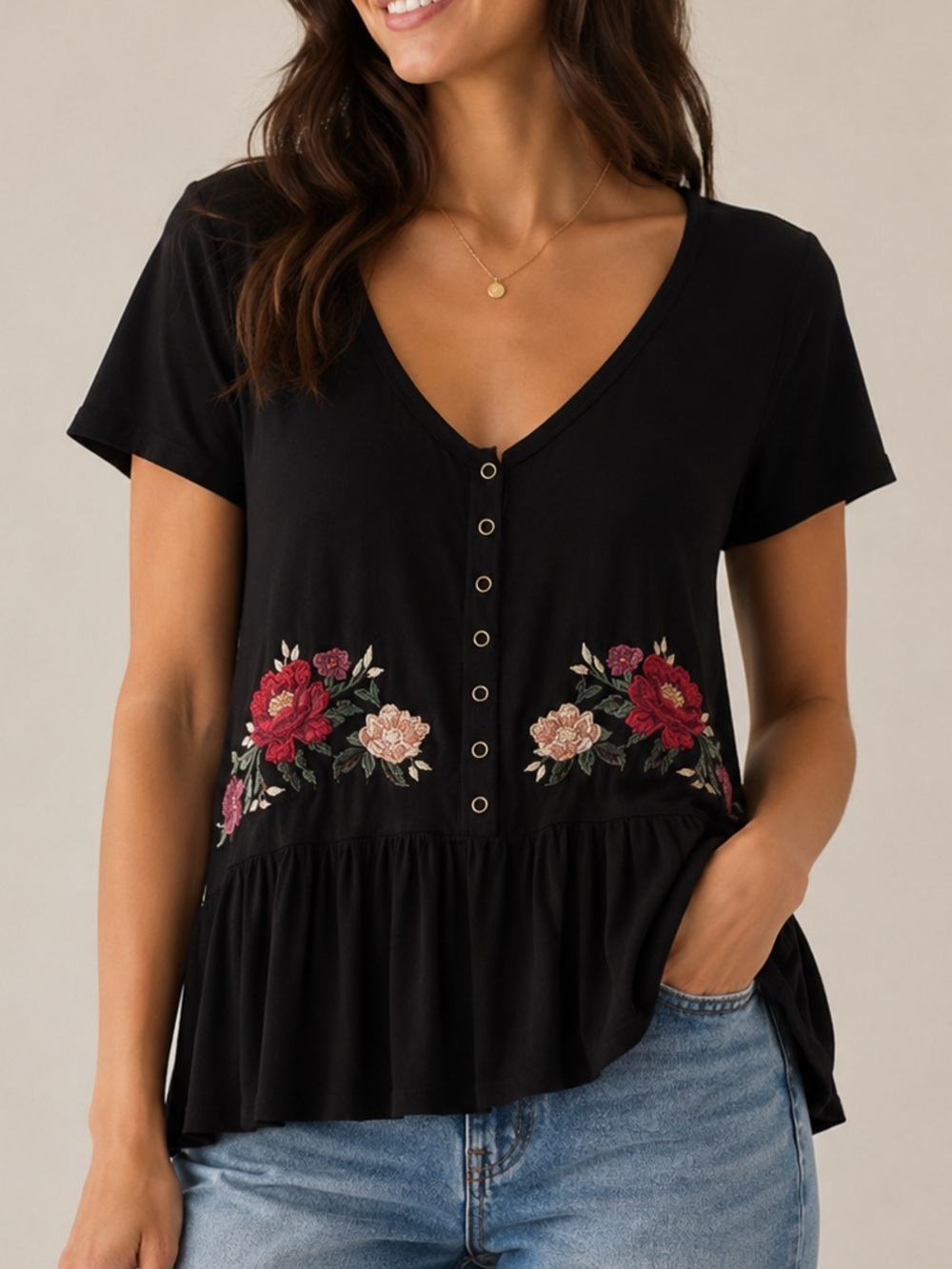 American Eagle Soft & Sexy Floral Embroidered Button Front Blouse Top Medium